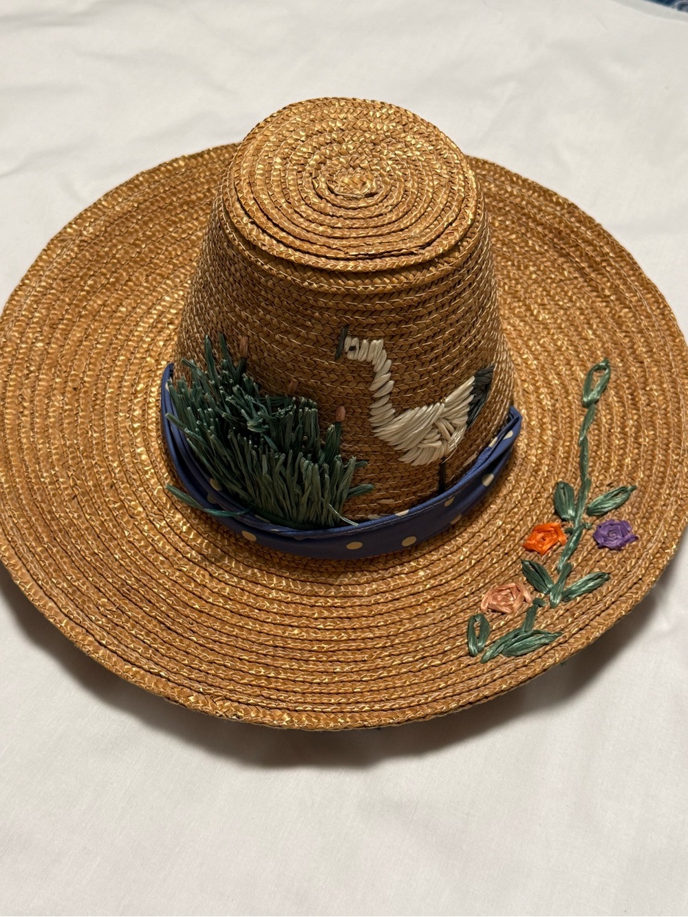Vintage MCM Made In Japan Embroidered Novelty Straw Hat Bird Wide Brim Sun Hat